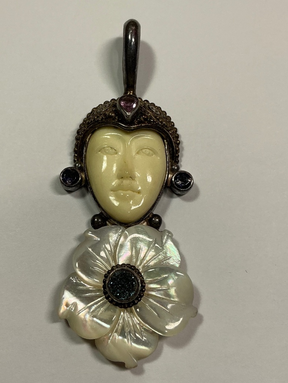 Vintage Sterling Silver Sajen MOP, Carved Moon Goddess Pendant. 3” long